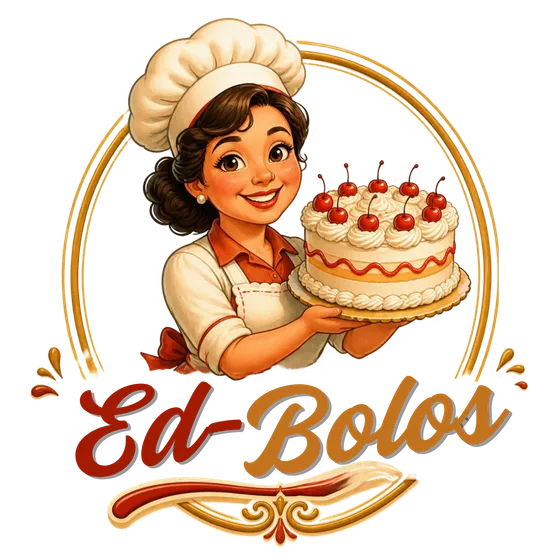 Ilustração Ed-Bolos: uma pasteleira com touca e avental segura um bolo de duas camadas com chantilly e cerejas